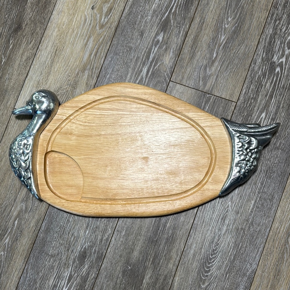 Vintage Winsome Duck Shaped Wooden Serving Board with Silver Accents